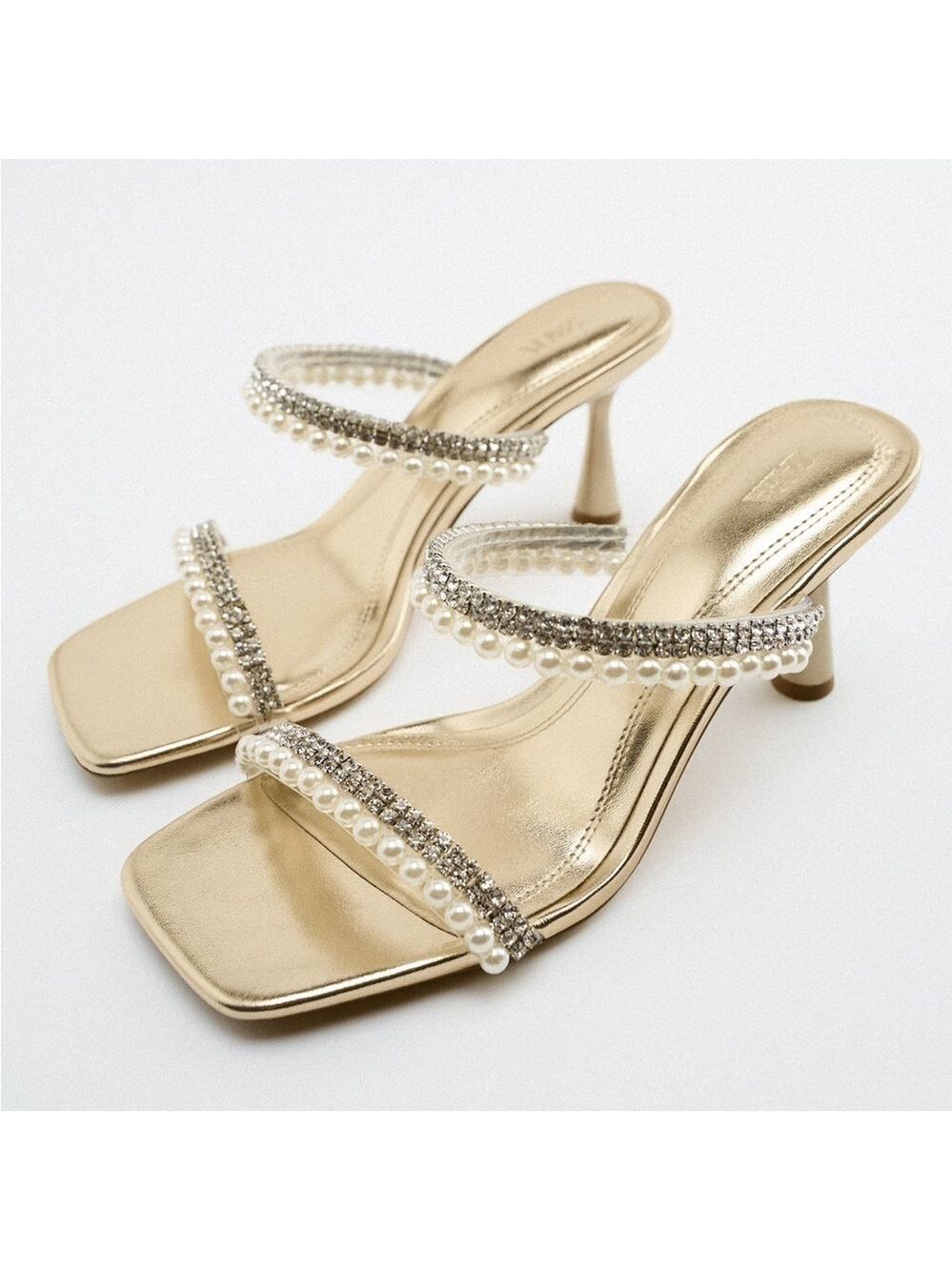 Zara metallic gold Open toe high heel mule sandal rhinestones and pearls 37 NWOB